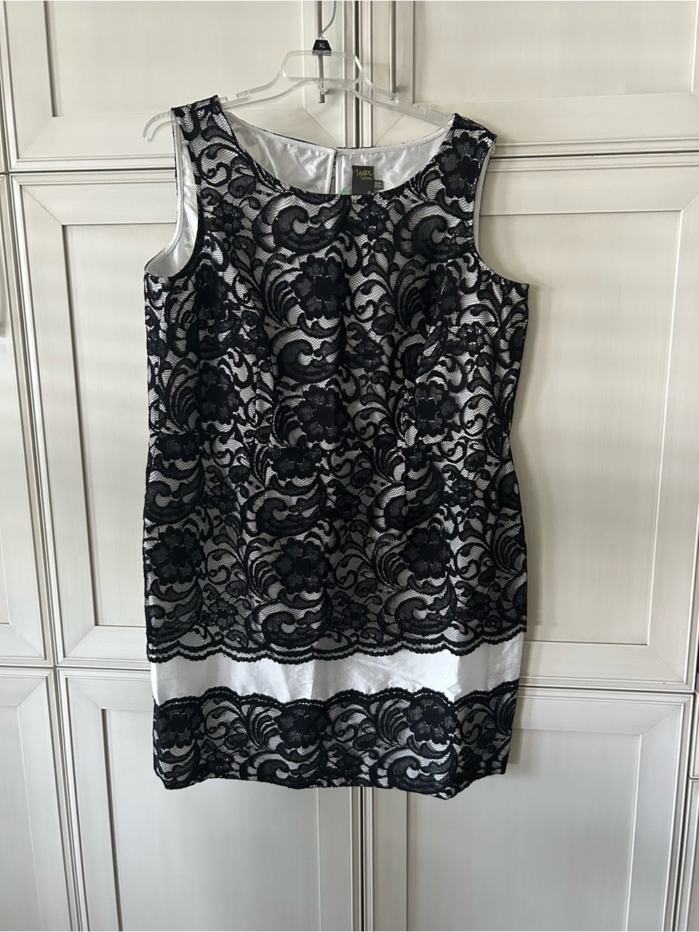 Taylor Woman Black Lace Overlay Mini Dress with White Base